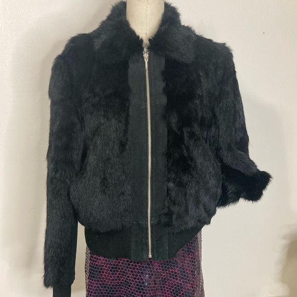 Vtg y2k 90s black rabbit fur bomber jacket - Picture 3 of 8